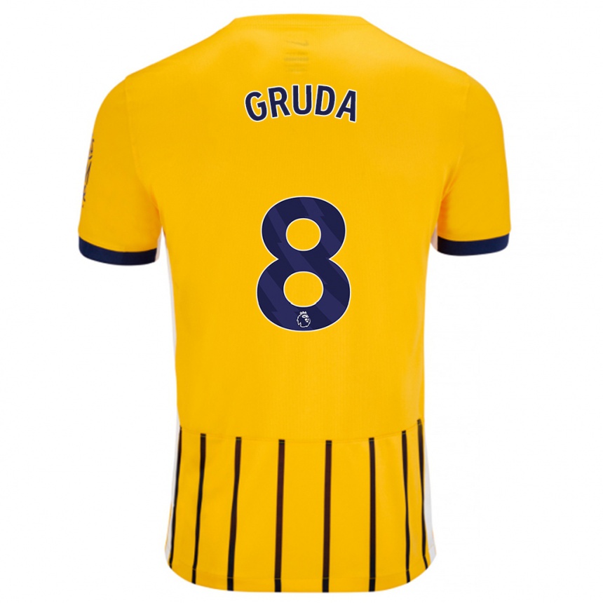 Enfant Football Maillot Brajan Gruda #8 Doré Bleu À Fines Rayures Tenues Extérieur 2024/25 Canada