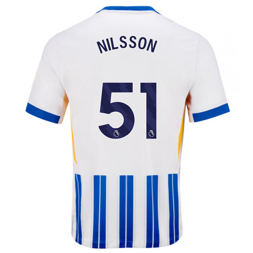 Homme Football Maillot Casper Nilsson #51 Blanc Bleu À Rayures Fines Tenues Domicile 2024/25 Canada