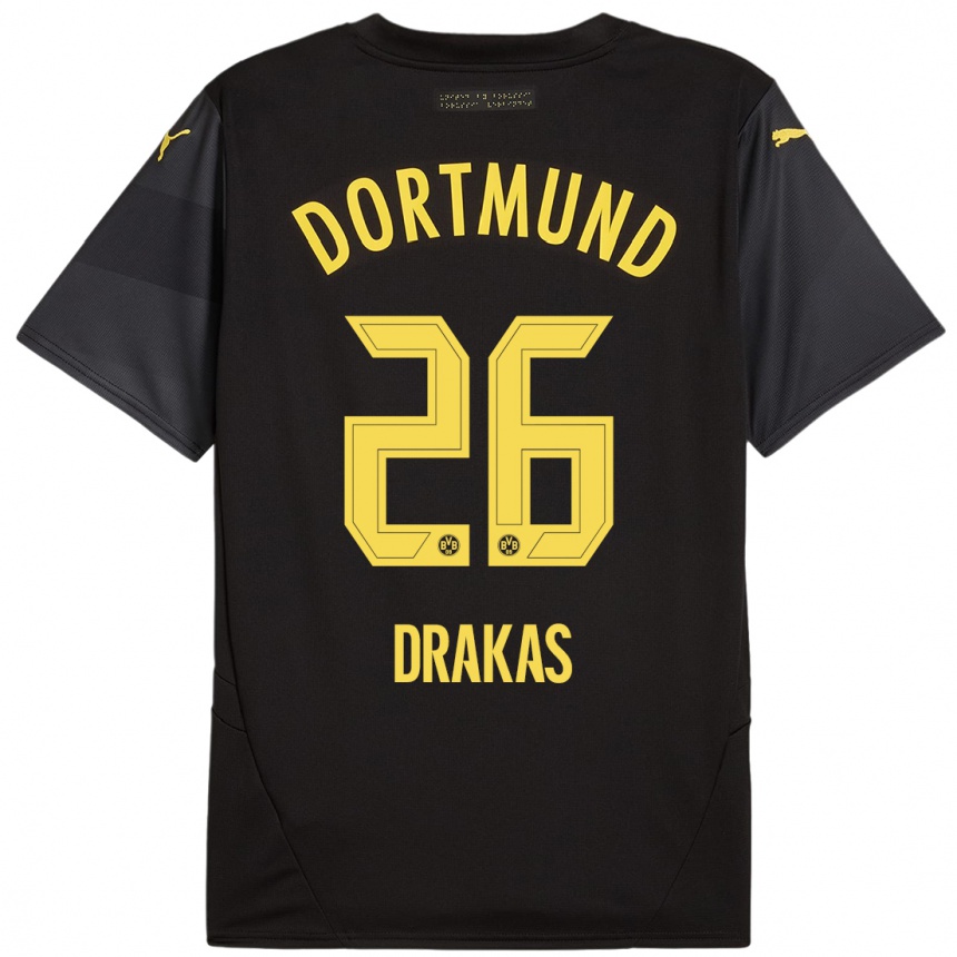 Men Football Babis Drakas #26 Black Yellow Away Jersey 2024/25 T-Shirt Canada