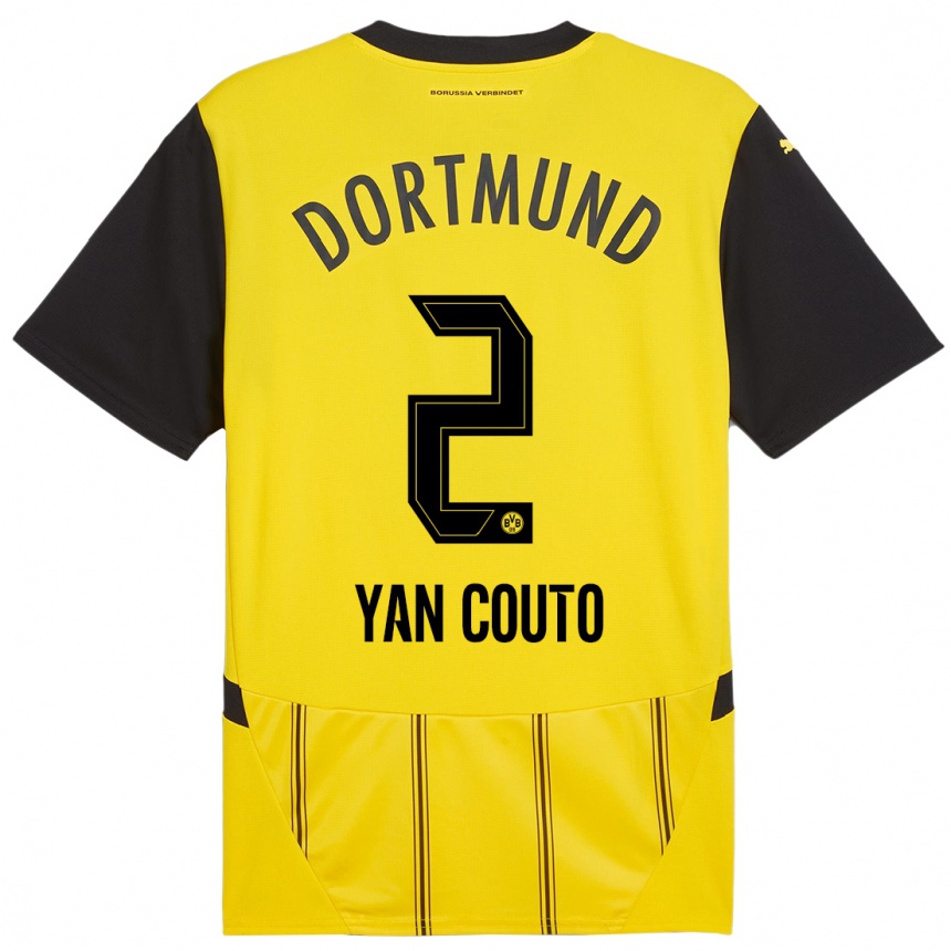 Women Football Yan Couto #2 Yellow Black Home Jersey 2024/25 T-Shirt Canada