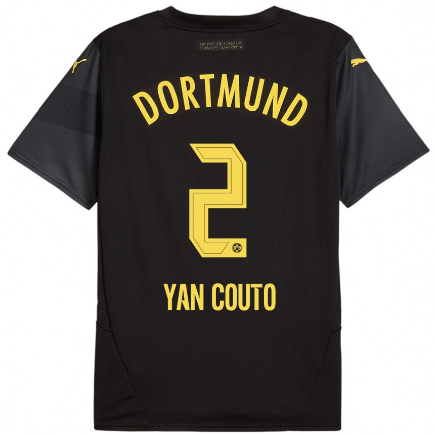 Women Football Yan Couto #2 Black Yellow Away Jersey 2024/25 T-Shirt Canada