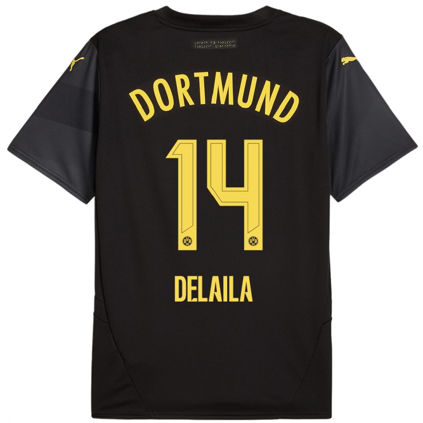 Women Football Amega Delaila #14 Black Yellow Away Jersey 2024/25 T-Shirt Canada