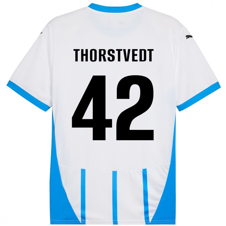 Kids Football Kristian Thorstvedt #42 White Blue Away Jersey 2024/25 T-Shirt Canada