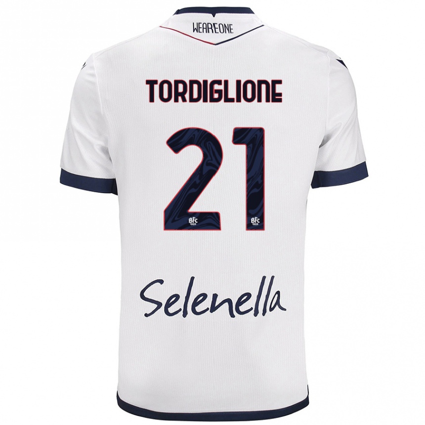 Enfant Football Maillot Nicolò Tordiglione #21 Blanc Bleu Royal Tenues Extérieur 2024/25 Canada