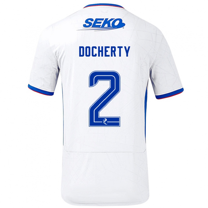 Enfant Football Maillot Nicola Docherty #2 Blanc Bleu Tenues Extérieur 2024/25 Canada