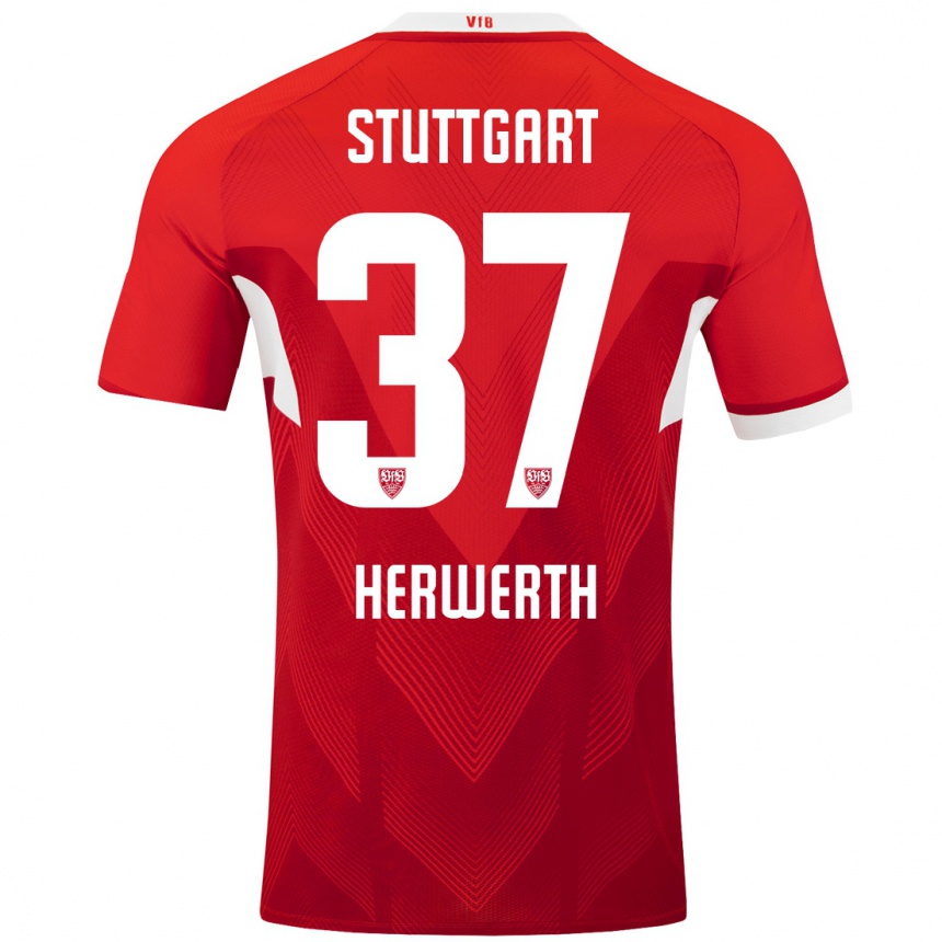 Enfant Football Maillot Maximilian Herwerth #37 Blanc Rouge Tenues Extérieur 2024/25 Canada