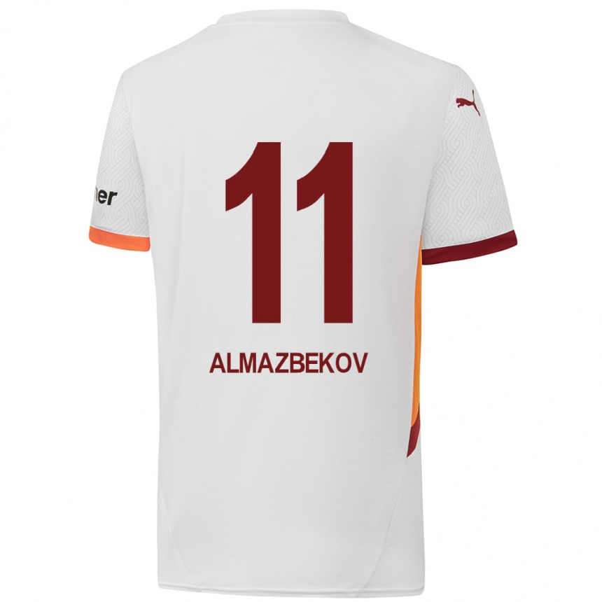 Kids Football Beknaz Almazbekov #11 White Yellow Red Away Jersey 2024/25 T-Shirt Canada