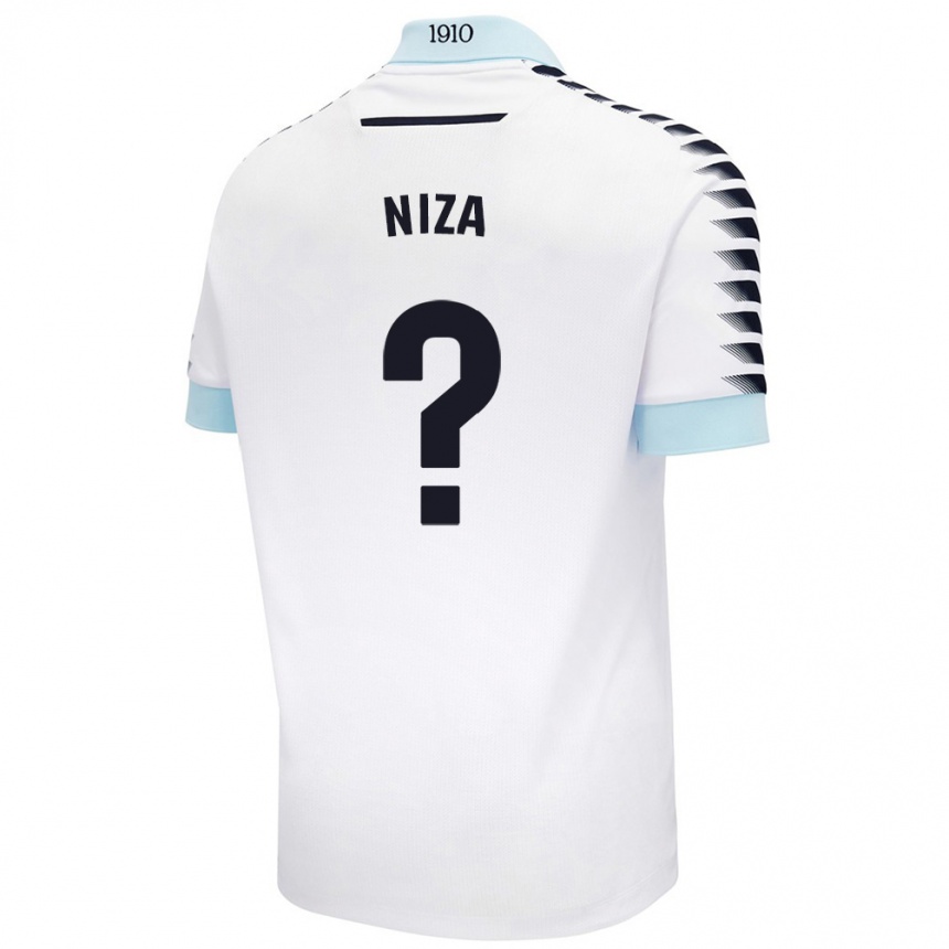 Kids Football Sergio Niza #0 White Blue Away Jersey 2024/25 T-Shirt Canada