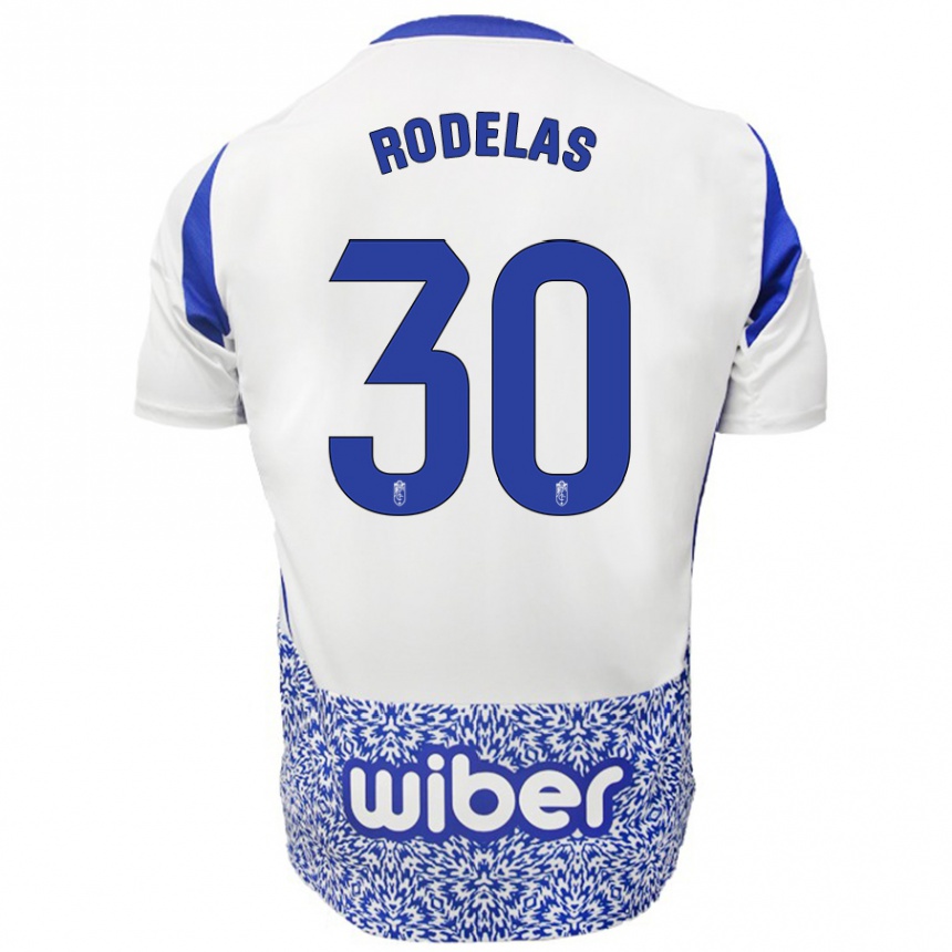 Kids Football Sergio Rodelas #30 White Blue Away Jersey 2024/25 T-Shirt Canada