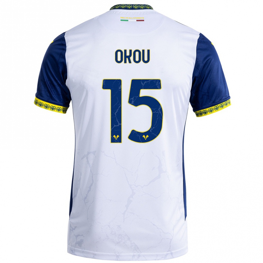 Kids Football Yllan Okou #15 White Blue Away Jersey 2024/25 T-Shirt Canada