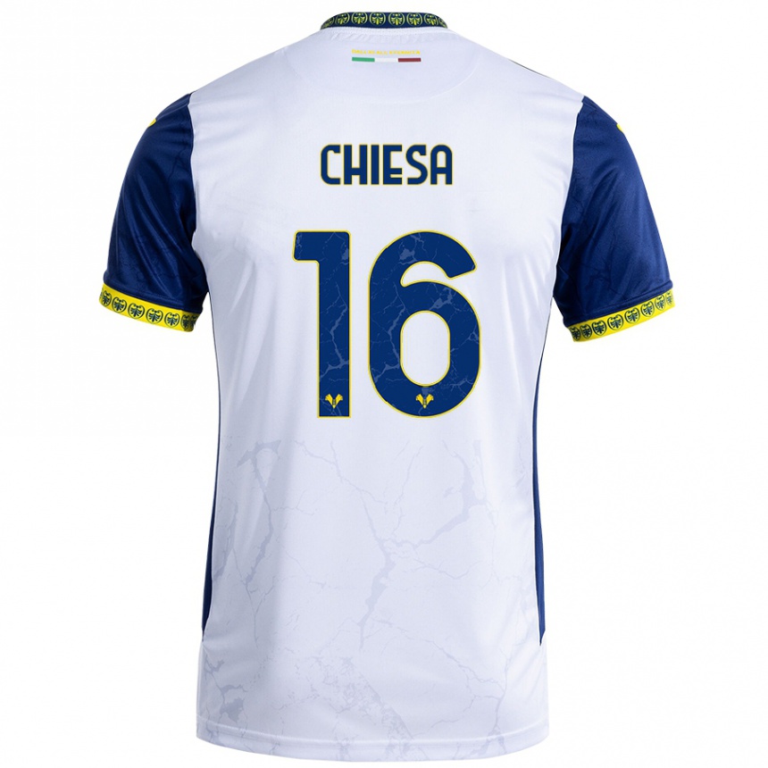 Kids Football Mattia Chiesa #16 White Blue Away Jersey 2024/25 T-Shirt Canada