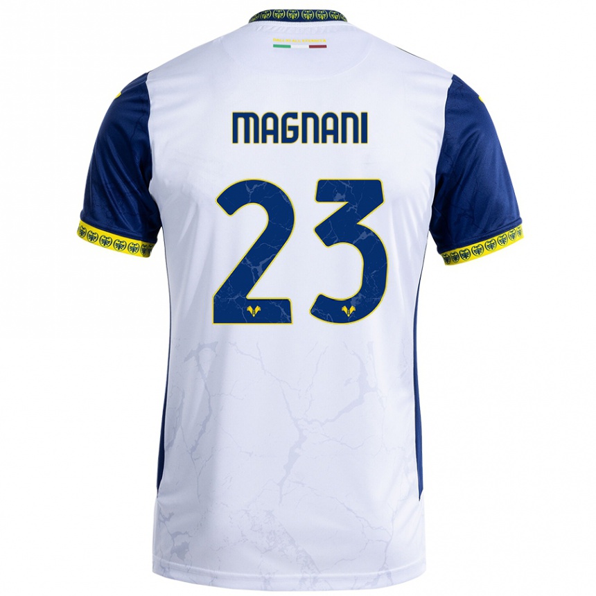 Enfant Football Maillot Giangiacomo Magnani #23 Blanc Bleu Tenues Extérieur 2024/25 Canada