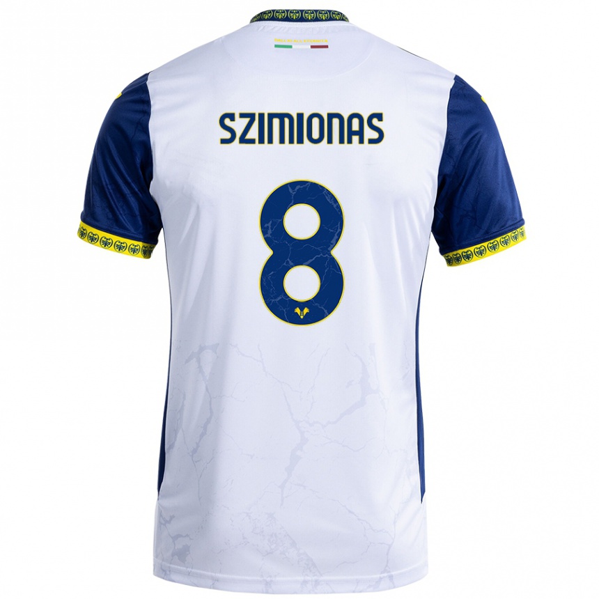 Kids Football Luca Szimionas #8 White Blue Away Jersey 2024/25 T-Shirt Canada