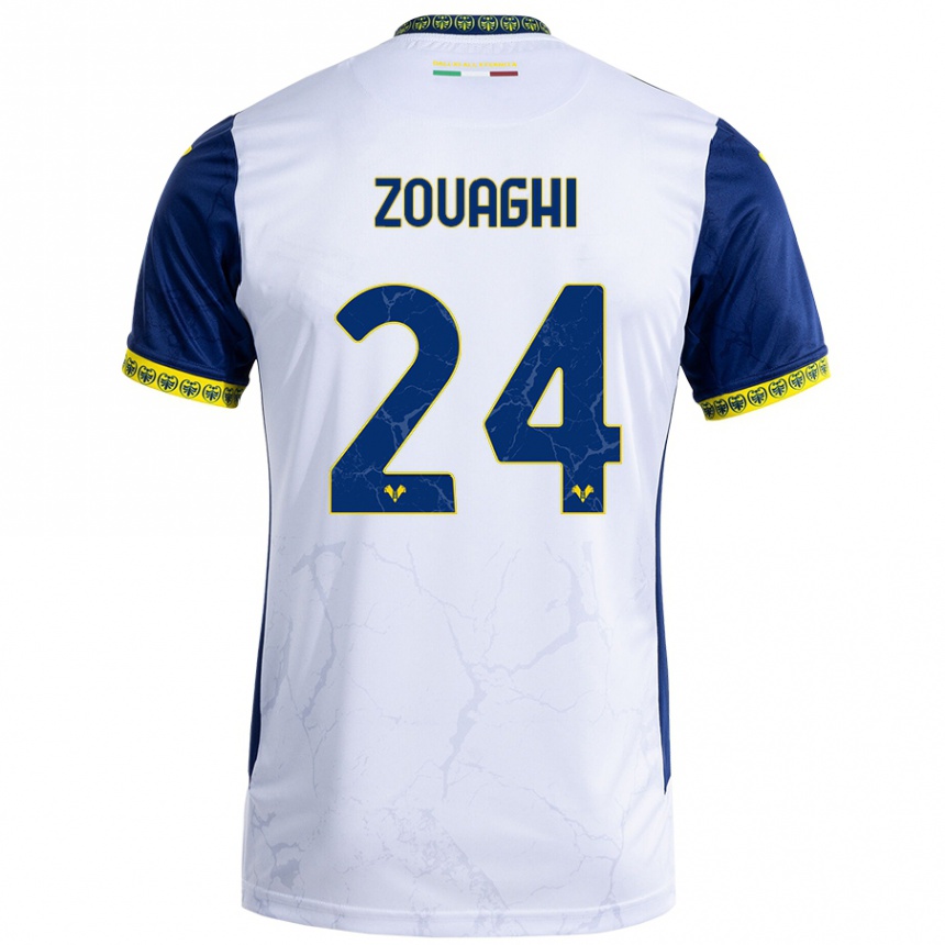 Kids Football Thomas Zouaghi #24 White Blue Away Jersey 2024/25 T-Shirt Canada