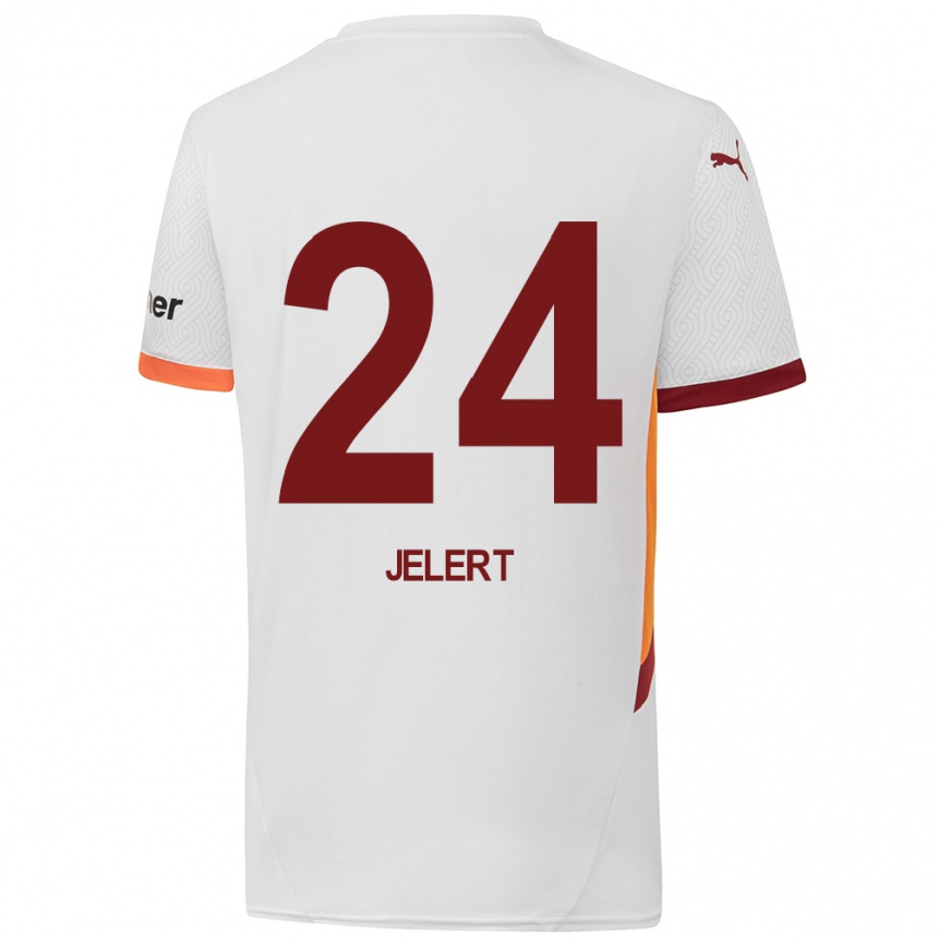 Men Football Elias Jelert #24 White Yellow Red Away Jersey 2024/25 T-Shirt Canada