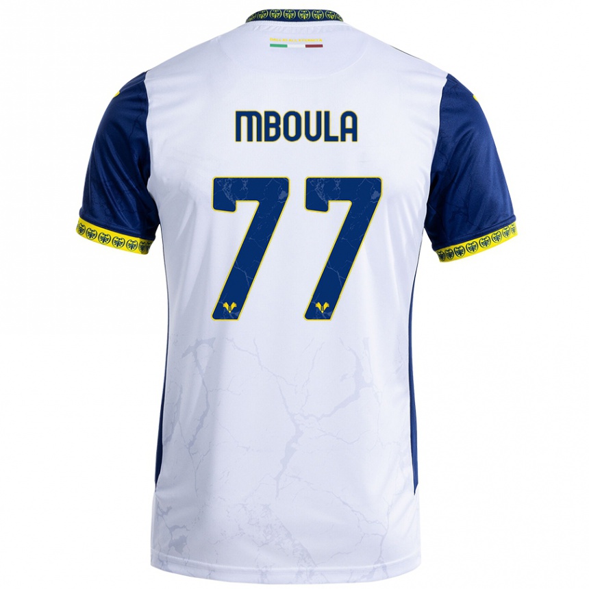 Homme Football Maillot Jordi Mboula #77 Blanc Bleu Tenues Extérieur 2024/25 Canada