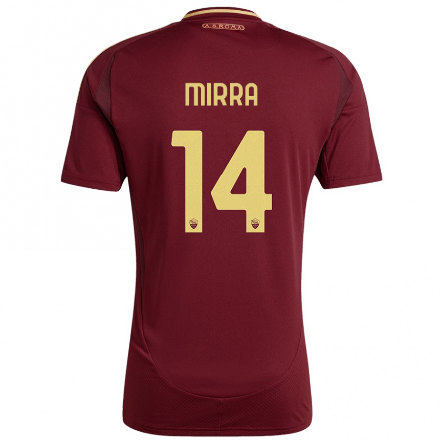 Women Football Jacopo Mirra #14 Red Brown Gold Home Jersey 2024/25 T-Shirt Canada