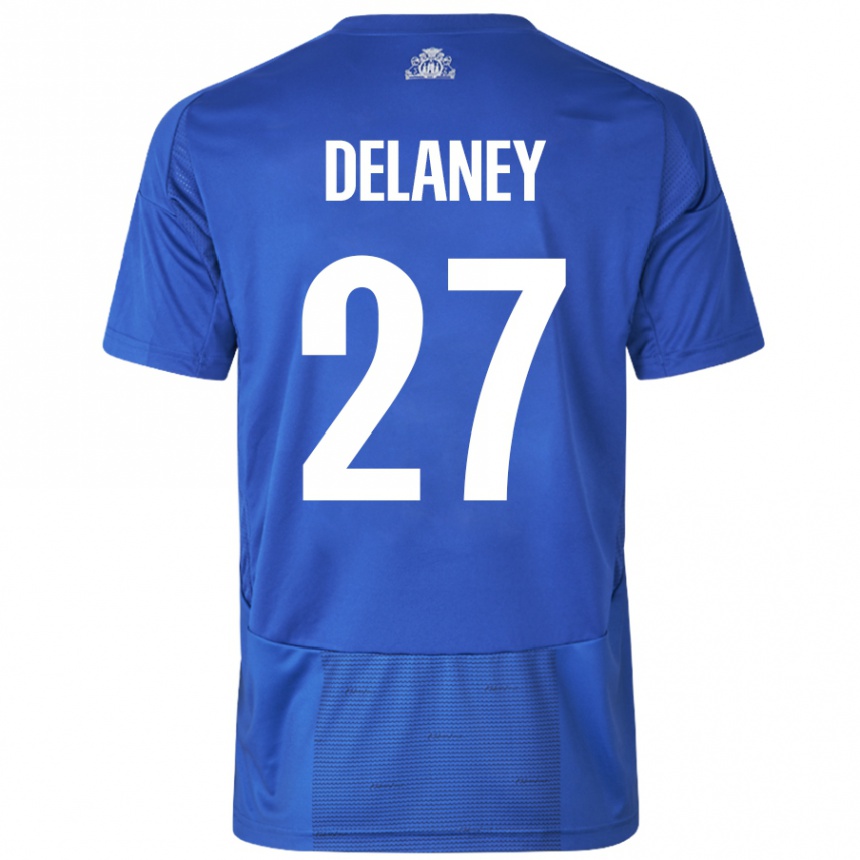 Kids Football Thomas Delaney #27 White Blue Away Jersey 2024/25 T-Shirt Canada