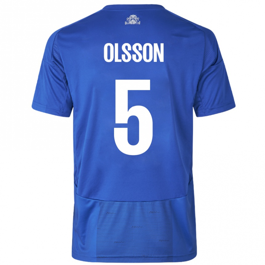 Kids Football Cornelius Olsson #5 White Blue Away Jersey 2024/25 T-Shirt Canada